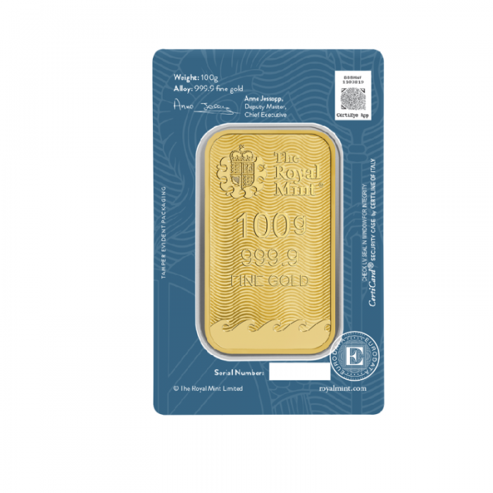 100 g gold bar - Britannia, The Royal Mint 999.9