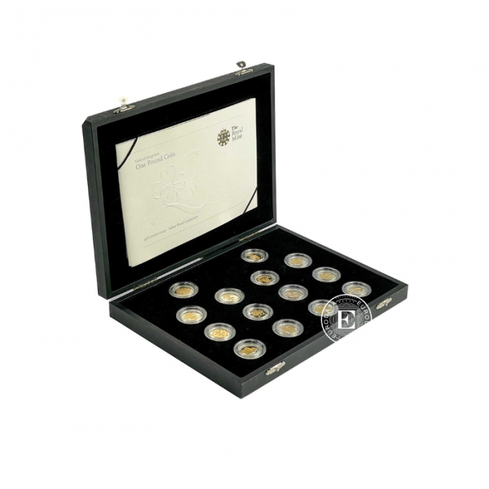 14 funtów (133 g)  zestaw srebrnych monet The Royal Mint 25th anniversary, Wielka Brytania 2008 (częściowo złocona)
