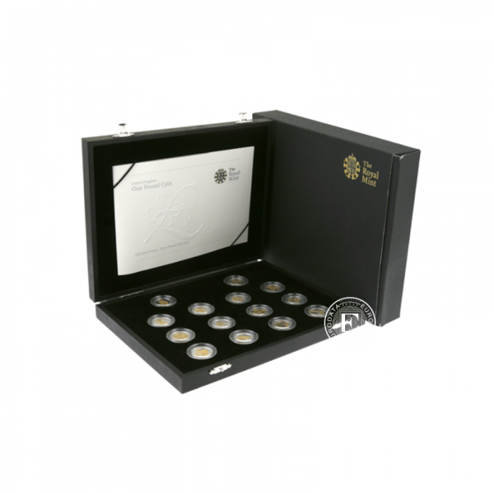 14 funtów (133 g)  zestaw srebrnych monet The Royal Mint 25th anniversary, Wielka Brytania 2008 (częściowo złocona)
