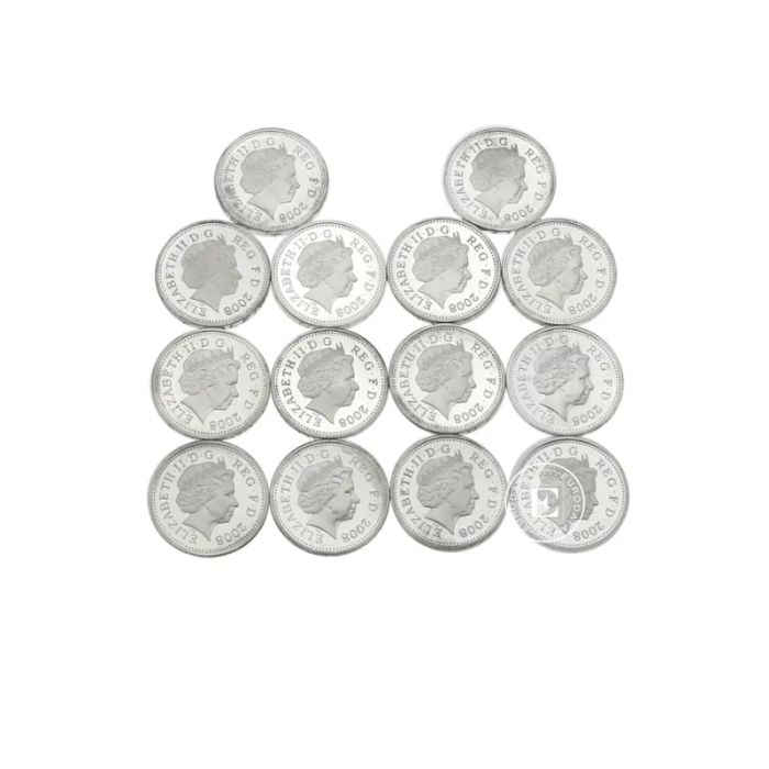 14 svarų (133 g) sidabrinių monetų rinkinys Royal Mint kalyklos 25-metis, Didžioji Britanija 2008 (dalinai paauksuota)