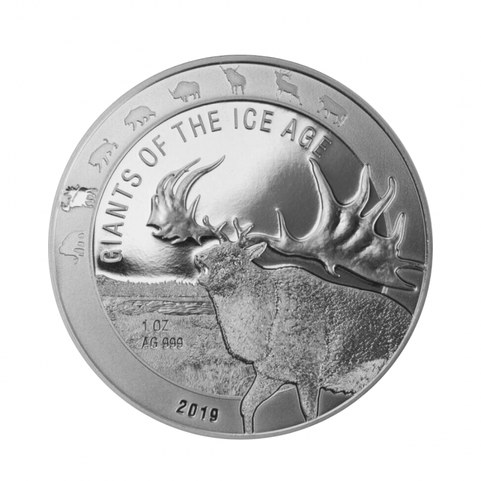 1 oz (31.10 g) sidabrinė moneta Giants of the Ice Age - Milžiniškas elnias, Ganos Respublika 2019