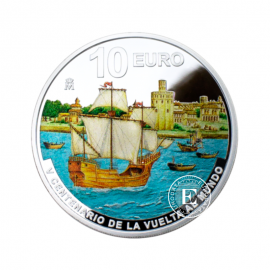 10 eur sidabrinė PROOF spalvota moneta Pirmoji kelionė laivu aplink pasaulį, Ispanija 2022