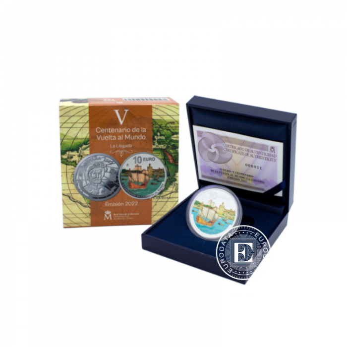 10 eur silver PROOF colored coin The first boat trip around the world, Spain 2022