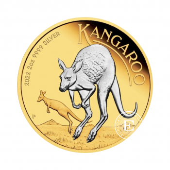 2 oz (62.20 g) sidabrinė moneta Kengūra, Australija 2022 (dalinai paauksuota, su sertifikatu)