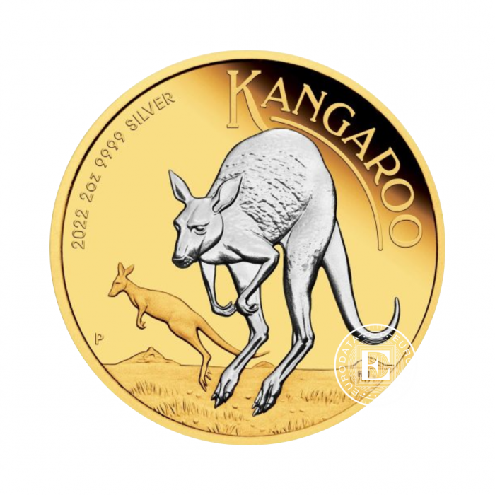 2 oz (62.20 g) sidabrinė moneta Kengūra, Australija 2022 (dalinai paauksuota, su sertifikatu)