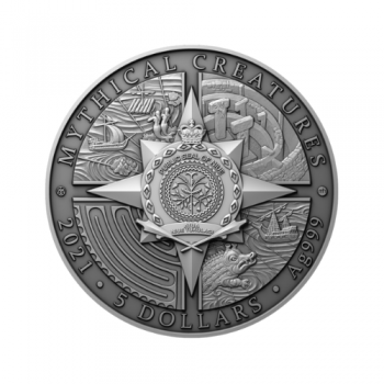 5 dolerių sidabrinė moneta Jūrų Pabaisa Krakenas, Niujė 2021