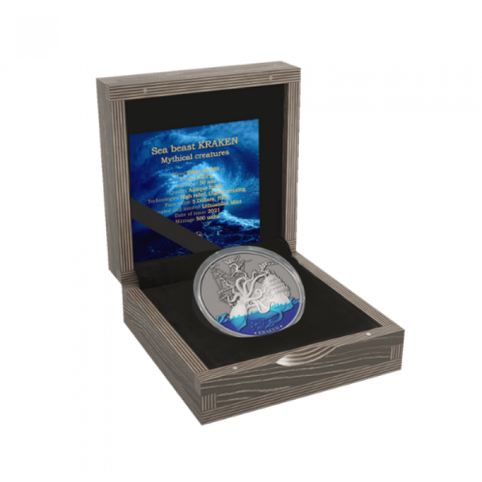 5 dolerių sidabrinė moneta Jūrų Pabaisa Krakenas, Niujė 2021