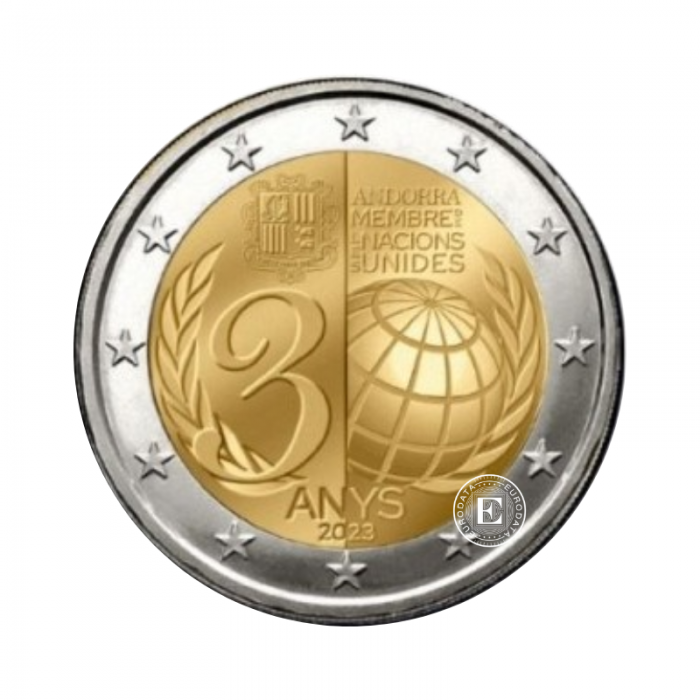 2 Eur moneta na karcie monetarnej 30 years of Andorra's membership of the UN, Andora 2023