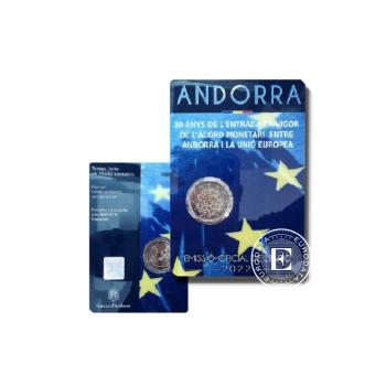 2 Eur Münze auf Karte Währungsvertrag, Andorra 2022