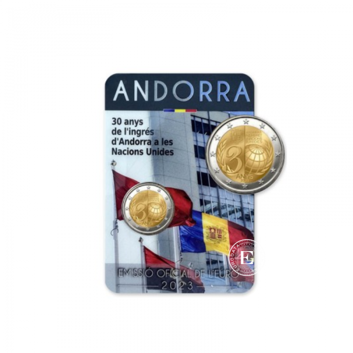 2 Eur moneta na karcie monetarnej 30 years of Andorra's membership of the UN, Andora 2023