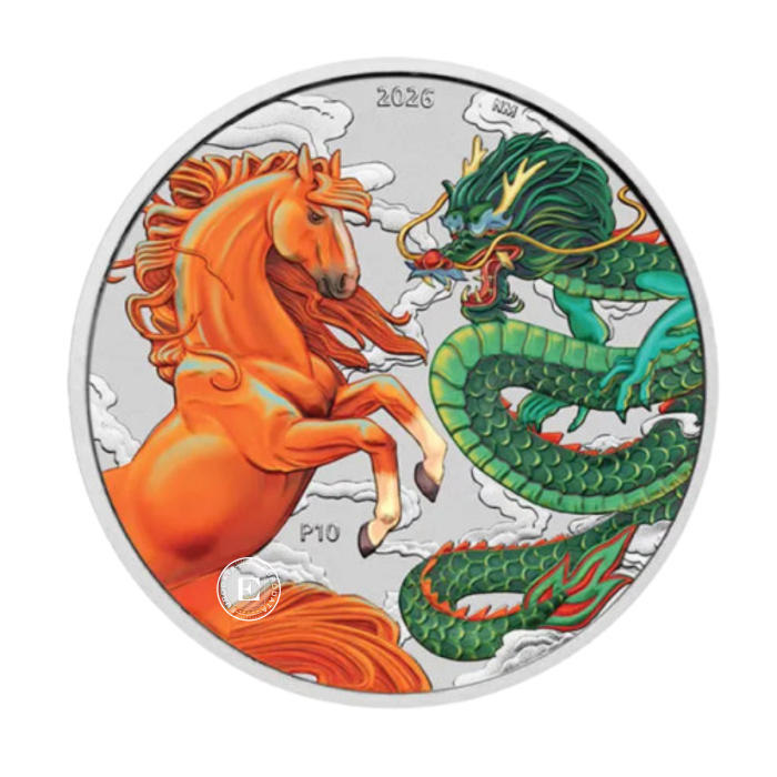 1 oz (31.10 g) sidabrinė spalvota moneta Kinijos mitai ir legendos – Drakonas ir Arklys,  Australija 2026 (raudona/žalia)