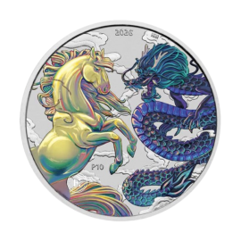 1 oz (31.10 g) sidabrinė spalvota moneta Kinijos mitai ir legendos – Drakonas ir Arklys,  Australija 2026 (geltona/mėlyna)