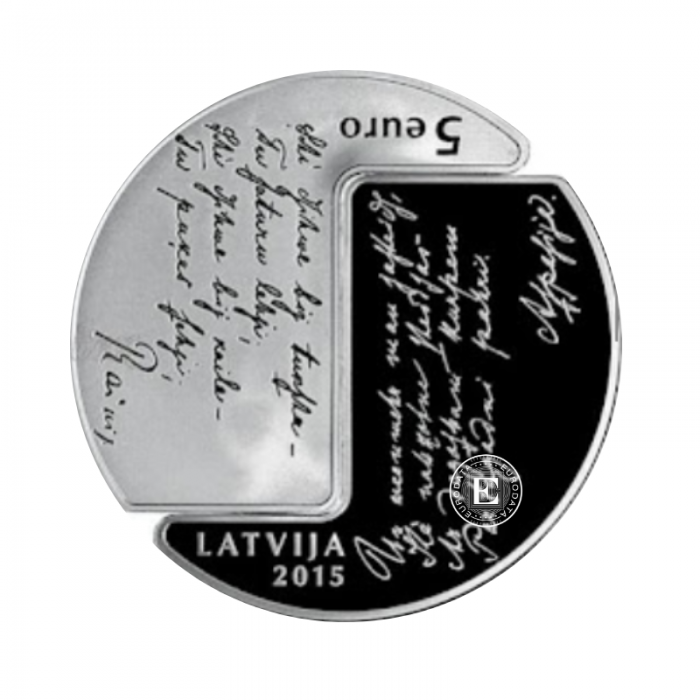 5 Eur (31.47 g) sidabrinė spalvota PROOF moneta Rainis and Aspazija, Latvija 2015