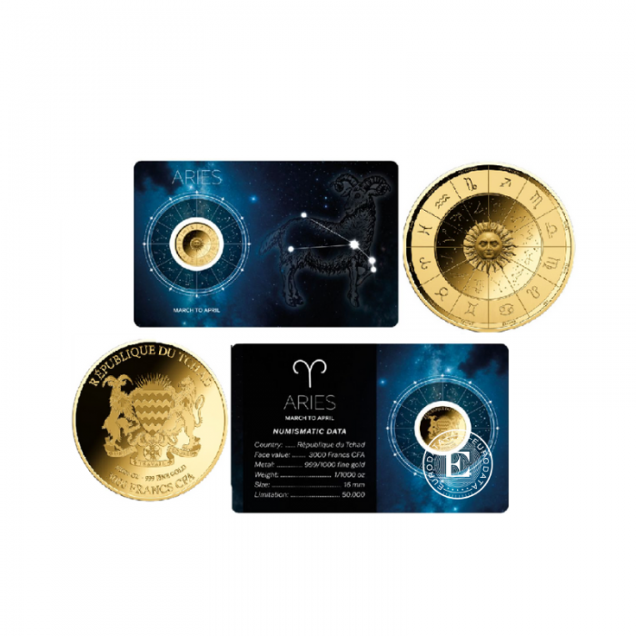 1/1000 oz auksinė moneta kortelėje Zodiac - Avinas, Čadas