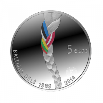 5 Eur (22 g) sidabrinė spalvota PROOF moneta Baltijos kelias, Latvija 2014