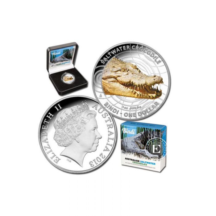 1 oz (31.10 g) sidabrinė PROOF spalvota moneta Australijos sūraus vandens krokodilas Bindi, Australija 2013