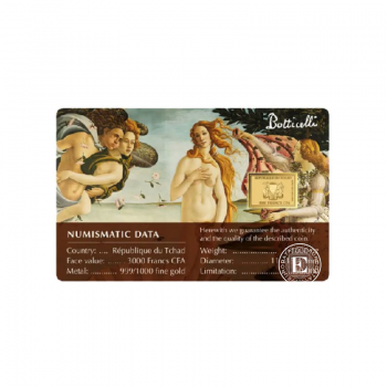 1/1000 oz aukso luitas - moneta  kortelėje Sandro Botticelli paveikslai – Veneros gimimas, Čadas