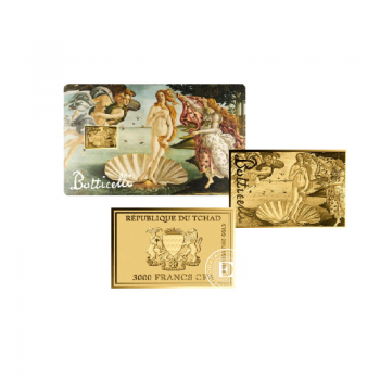 1/1000 oz aukso luitas - moneta  kortelėje Sandro Botticelli paveikslai – Veneros gimimas, Čadas