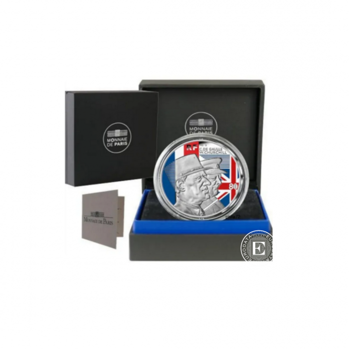 10 Eur (22.2 g) srebrna kolorowa PROOF moneta De Gaulle - Churchill, Francja 2021