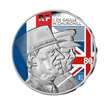 10 Eur (22.2 g) sidabrinė spalvota PROOF moneta De Gaulle'is ir Čerčilis, Prancūzija 2021