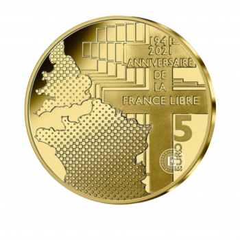 5 eurų (0.5 g) auksinė PROOF moneta De Gaulle'is ir Čerčilis, Prancūzija 2021