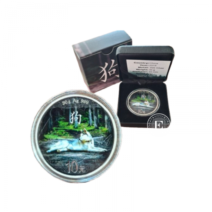30 g sidabrinė spalvota moneta Panda - Lunar - The Year of the Dog, Kinija 2018 (su sertifikatu)