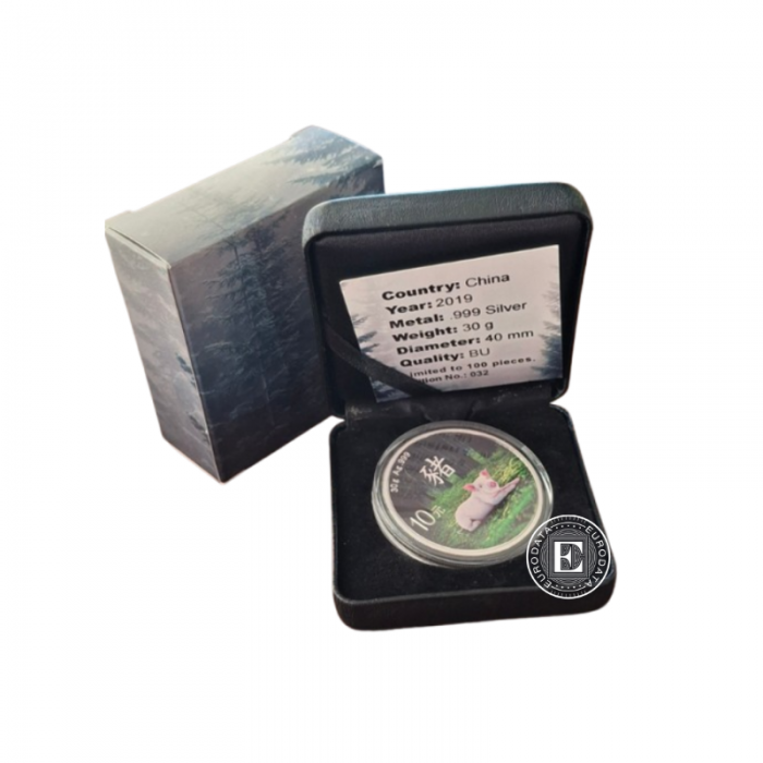 30 g srebrna kolorowa moneta Panda - Lunar - The Year of the Pig, Chiny 2019