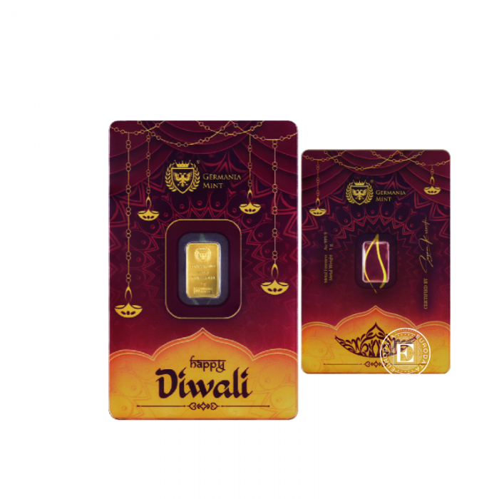 1 g investicinio aukso luitas Diwali, Germania Mint 999.9