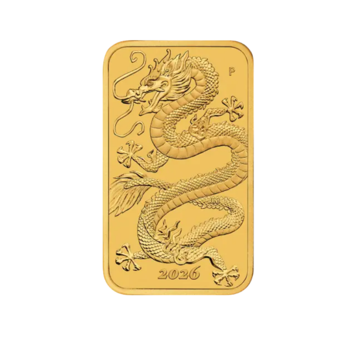 1 oz (31.10 g) auksinė stačiakampė moneta Drakonas, Australija 2026