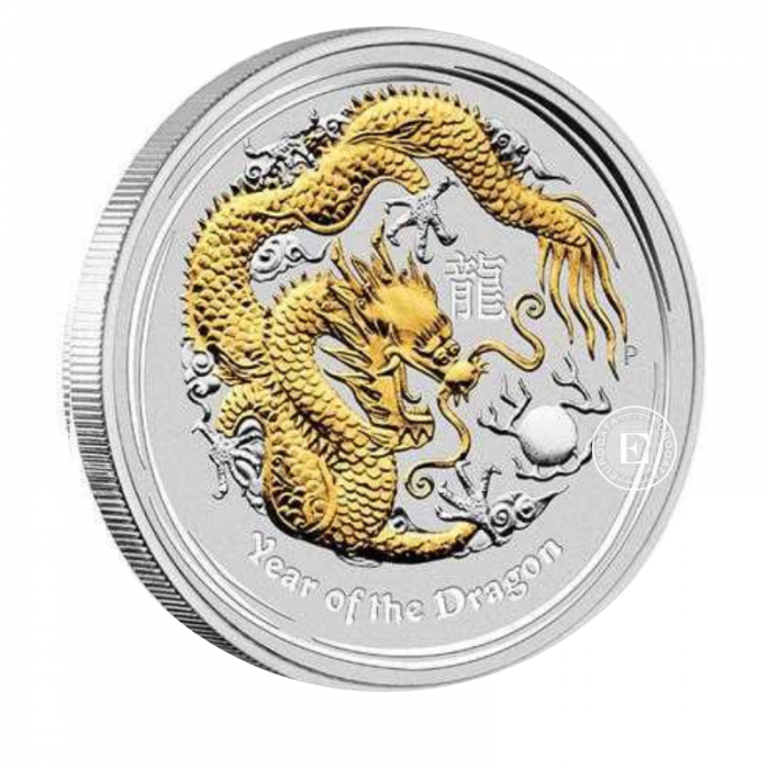 1 oz (31.10 g) srebrna moneta Lunar II -  Dragon, Australia 2012 (częściowo pozłacana)