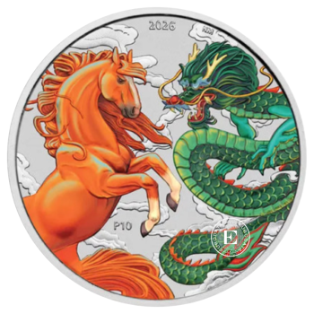 1 oz (31.10 g) sidabrinė spalvota moneta Kinijos mitai ir legendos – Drakonas ir Arklys,  Australija 2026 (raudona/žalia)