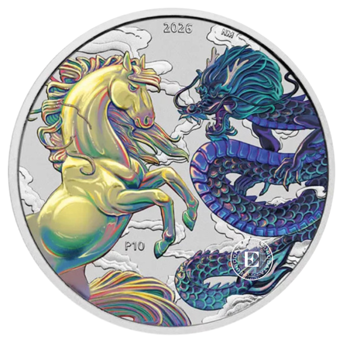 1 oz (31.10 g) sidabrinė spalvota moneta Kinijos mitai ir legendos – Drakonas ir Arklys,  Australija 2026 (geltona/mėlyna)