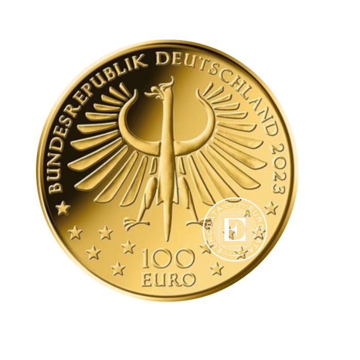 100 Eur (15.55 g) złota moneta Niemieckie arcydzieła literackie, Faust - A, D, F, G, J, Niemcy 2023 (z certyfikatem)