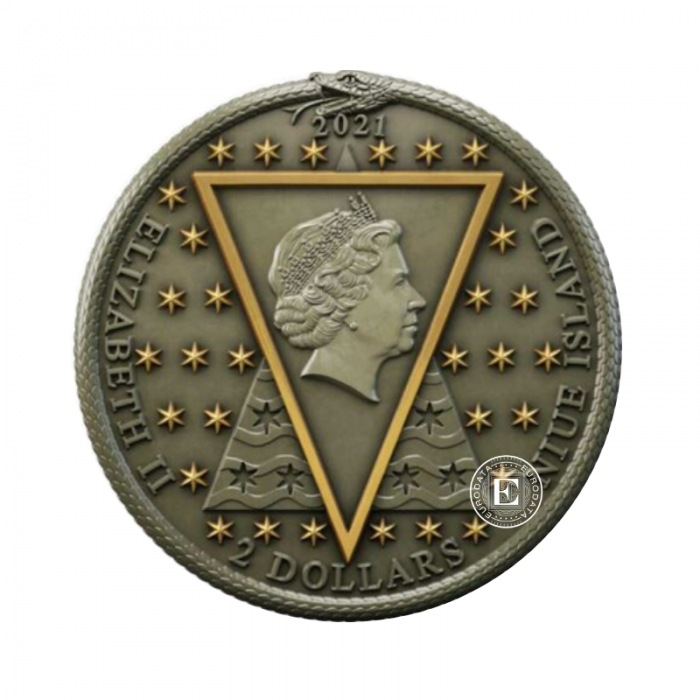 2 oz (62.20 g) sidabrinė moneta Nikolas Flamel ir išminties akmuo, Niujė 2021 (dalinai paauksuota)