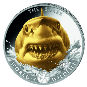 1 oz (31.10 g) sidabrinė moneta Congo World's Wildlife  - Ryklys, Kongo Respublika 2026 (dalinai paauksuota)