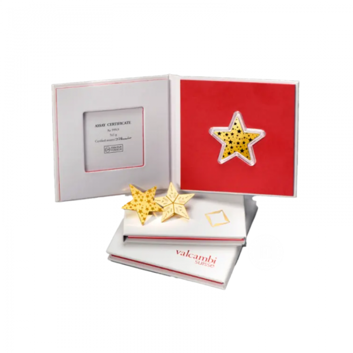 5 x 1 g investicinio aukso luitas CombiBar Star - Glittering Stars, Valcambi 999.9