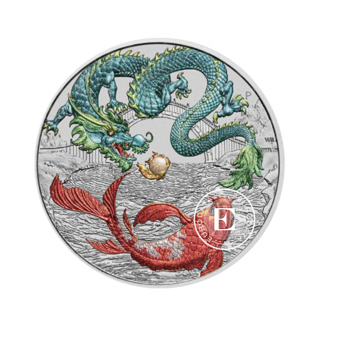 1 oz (31.10 g) pièce colorée d'argent Mythes et Légendes Chinoises - Dragon et Koi, Australie 2023 (vert)