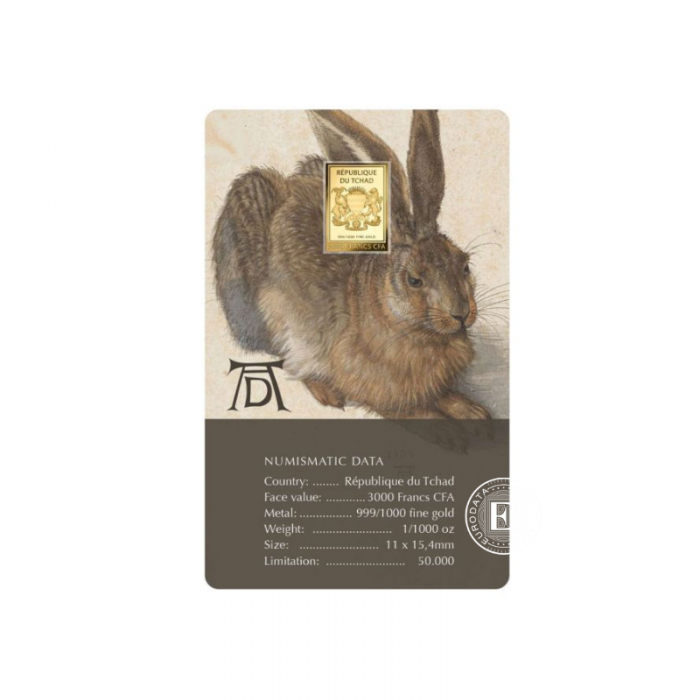 1/1000 oz sztabka złota Albrecht Dürer Paintings – Hare, Czad