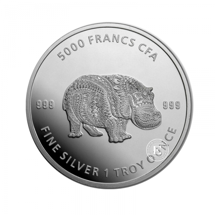1 oz (31.10 g) pièce d'argent Hippopotamus, République du Tchad 2020