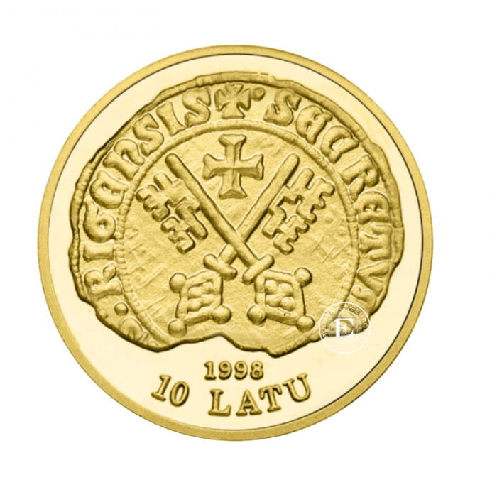 10 latų (1.24 g) auksinė PROOF moneta Aukso istorija, Latvija 1998