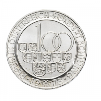 100 šilingų (15.36 g) sidabrinė moneta, Austrija 1974-1979 (atsitiktiniai metai)