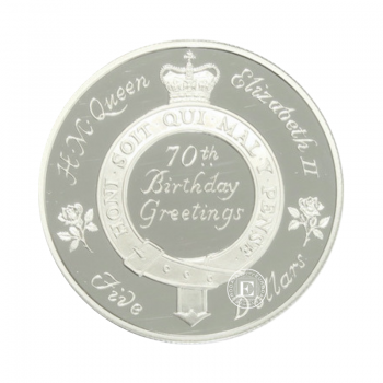 5 dolerių (28.28 g) sidabrinė PROOF moneta Karalienės Elžbietos II 70-asis gimtadienis, Naujoji Zelandija 1996