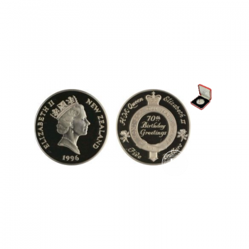 5 dolerių (28.28 g) sidabrinė PROOF moneta Karalienės Elžbietos II 70-asis gimtadienis, Naujoji Zelandija 1996