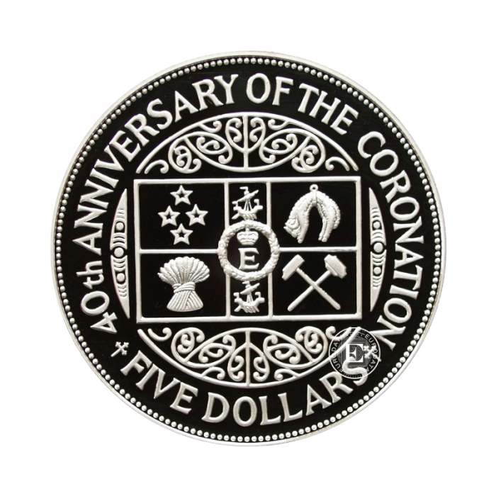 5 dolarow (27.22 g) srebrna PROOF moneta 40th Anniversary of Coronation, Nowa Zelandia 1993