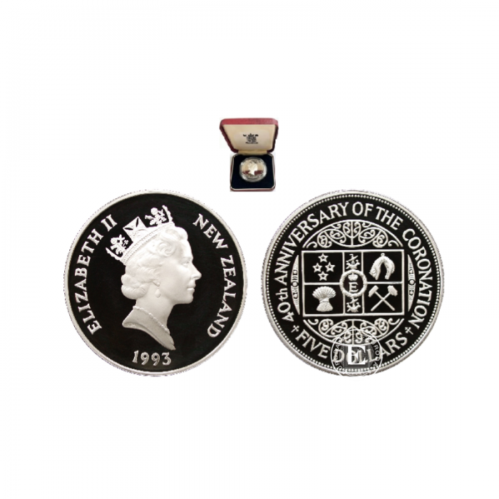 5 dolarow (27.22 g) srebrna PROOF moneta 40th Anniversary of Coronation, Nowa Zelandia 1993