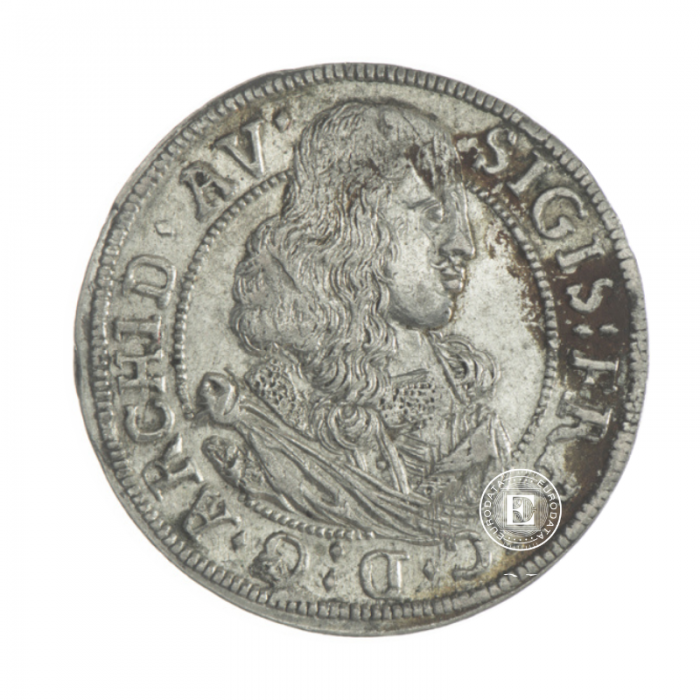 20 kreicerių (1.51 g) sidabrinė moneta Groschen Hall, Austrija 1664