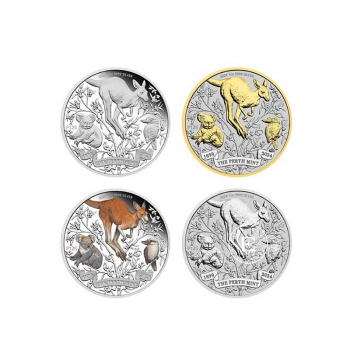 4 oz (124.40 g) sidabrinių spalvotų PROOF monetų rinkinys Perth Mint 125-osios metinės, Australija 2024 (su sertifikatu)
