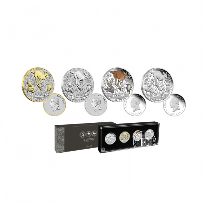 4 oz (124.40 g) sidabrinių spalvotų PROOF monetų rinkinys Perth Mint 125-osios metinės, Australija 2024 (su sertifikatu)