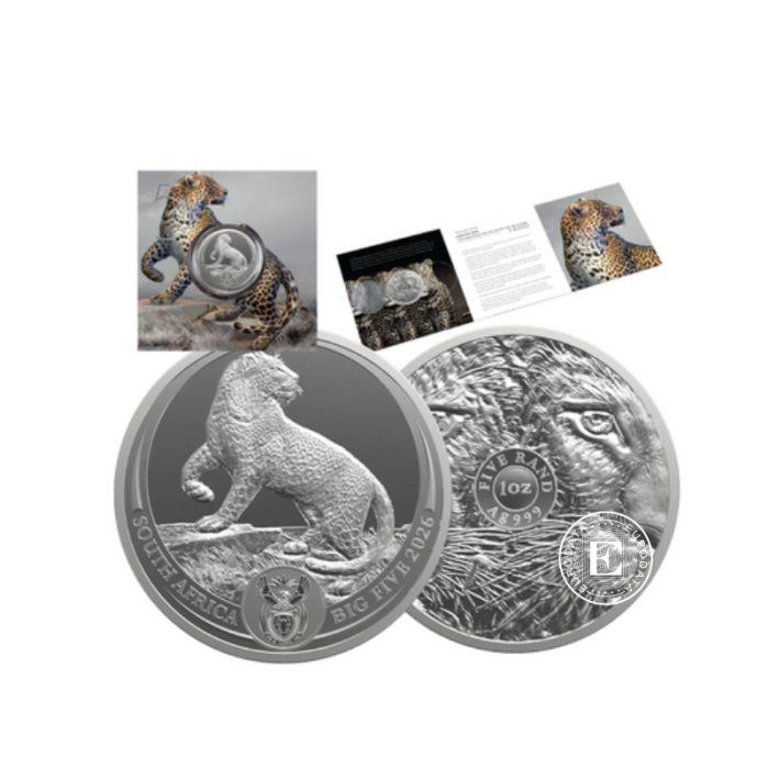 1 oz (31.10 g) sidabrinė moneta kortelėje Didysis penketas - Leopardas, Pietų Afrikos Respublika 2026