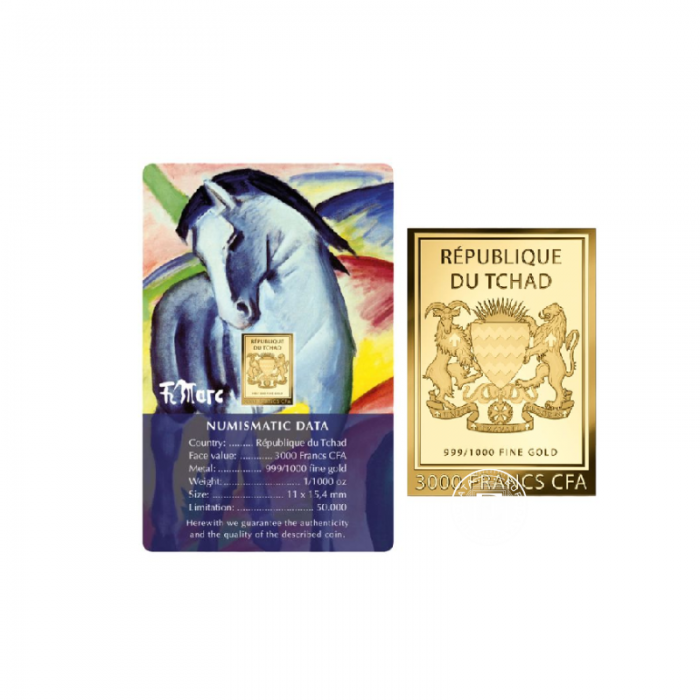 1/1000 oz aukso luitas - moneta Franz Marc Paintings – Blue Horse, Čadas